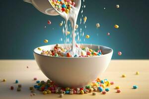 a bowl of cereal with milk pouring into it photo