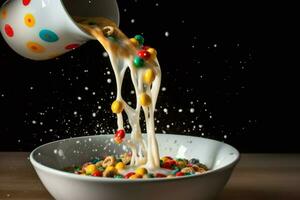 a bowl of cereal with milk pouring into it photo