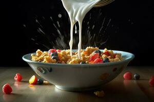 a bowl of cereal with milk pouring into it photo