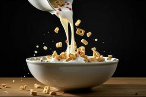 a bowl of cereal with milk pouring into it photo