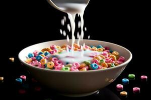 a bowl of cereal with milk pouring into it photo