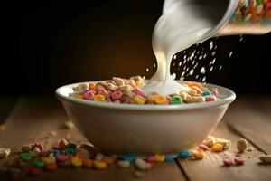 a bowl of cereal with milk pouring into it photo
