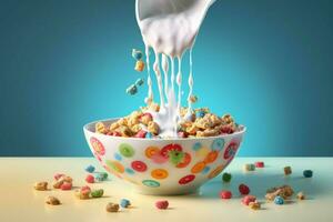 a bowl of cereal with milk pouring into it photo