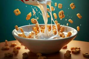 a bowl of cereal with milk pouring into it photo