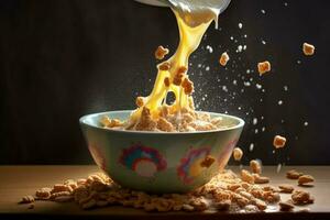 a bowl of cereal with milk pouring into it photo