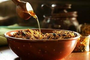 a bowl of granola being poured into a bowl with a photo