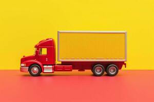 a bright yellow truck with a red trailer on the s photo