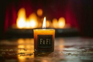 a candle in front of a fire with the word fire on i photo