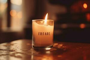 a candle in front of a fire with the word fire on i photo