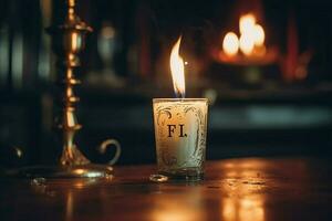 a candle in front of a fire with the word fire on i photo