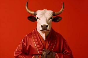 a bull with a red jacket and a black belt is stan photo