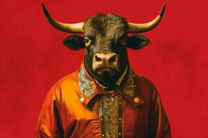 a bull with a red jacket and a black belt is stan photo