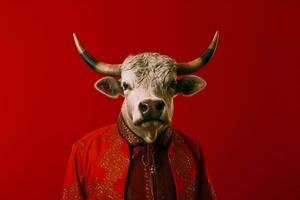 a bull with a red jacket and a black belt is stan photo