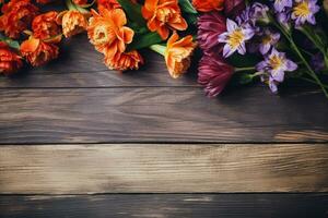 a bunch of flowers on a wooden background photo