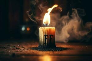 a candle in front of a fire with the word fire on photo