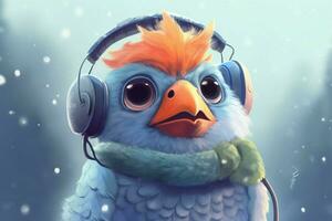 a cartoon bird with headphones and a scarf that s photo