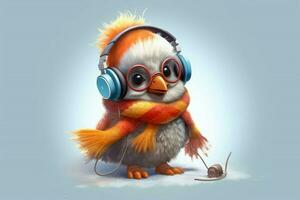 a cartoon bird with headphones and a scarf photo