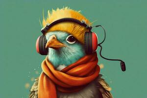 a cartoon bird with headphones and a scarf that s photo