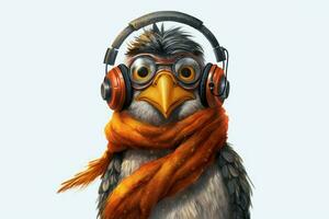 a cartoon bird with headphones and a scarf that s photo