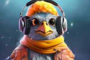 a cartoon bird with headphones and a scarf that s photo