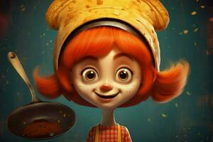 a cartoon character with a pan and pancake on her photo