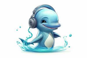 a cartoon dolphin with a headphones on his head photo