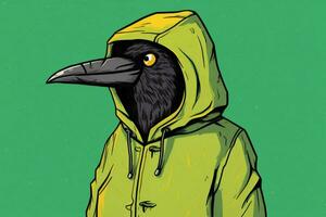 un dibujos animados imagen de un pájaro vistiendo un verde chaqueta foto