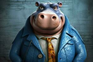 un dibujos animados hipopótamo con un azul chaqueta y azul ojos foto