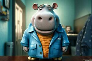 a cartoon hippo with a blue jacket and blue eyes photo