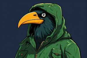 a cartoon image of a bird wearing a green jacket photo