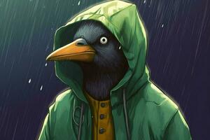 a cartoon image of a bird wearing a green jacket photo