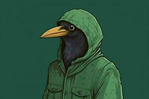 un dibujos animados imagen de un pájaro vistiendo un verde chaqueta foto