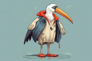 a cartoon of a bird wearing a jacket with the wor photo