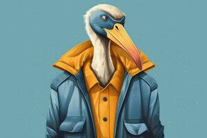 a cartoon of a bird wearing a jacket with the wor photo