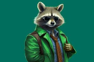 a cartoon of a raccoon wearing a green jacket and photo