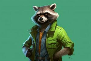 a cartoon of a raccoon wearing a green jacket and photo