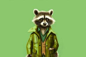 a cartoon of a raccoon wearing a green jacket and photo