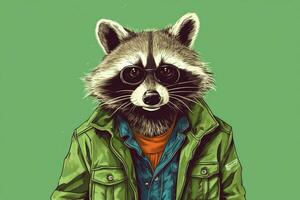 a cartoon of a raccoon wearing a green jacket and photo