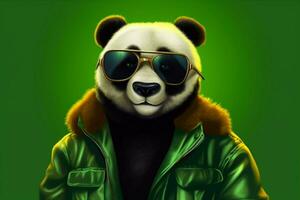 un dibujos animados panda con un verde chaqueta y gafas de sol foto