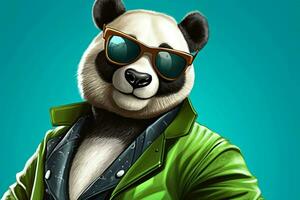 un dibujos animados panda con un verde chaqueta y gafas de sol foto