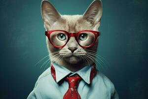 a cat wearing glasses and a red collar with a bla photo