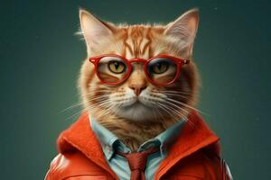 a cat wearing glasses and a collar with a tag tha photo