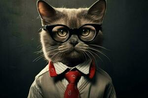 un gato vistiendo lentes y un rojo collar con un bla foto