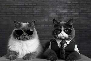 a cat wearing sunglasses and a black and white ca photo