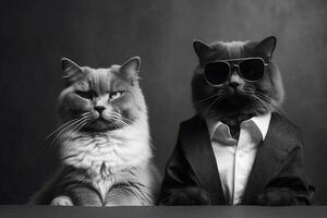 a cat wearing sunglasses and a black and white ca photo