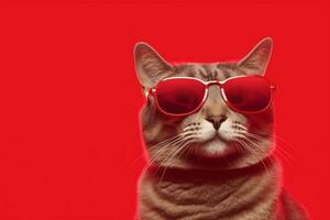 a cat wearing sunglasses and a red background wit photo