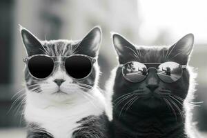 a cat wearing sunglasses and a black and white ca photo