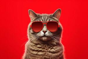 a cat wearing sunglasses and a red background wit photo