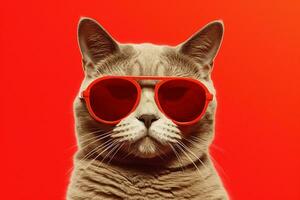 a cat wearing sunglasses and a red background wit photo