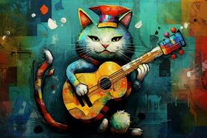 a cat with a guitar on it that says the word jazz o photo